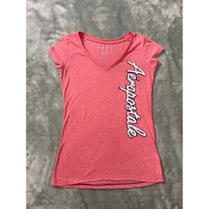 Aeropostale Womens Medium V Neck Graphic Logo T‎ Shirt Short Sleeve Coral Top
